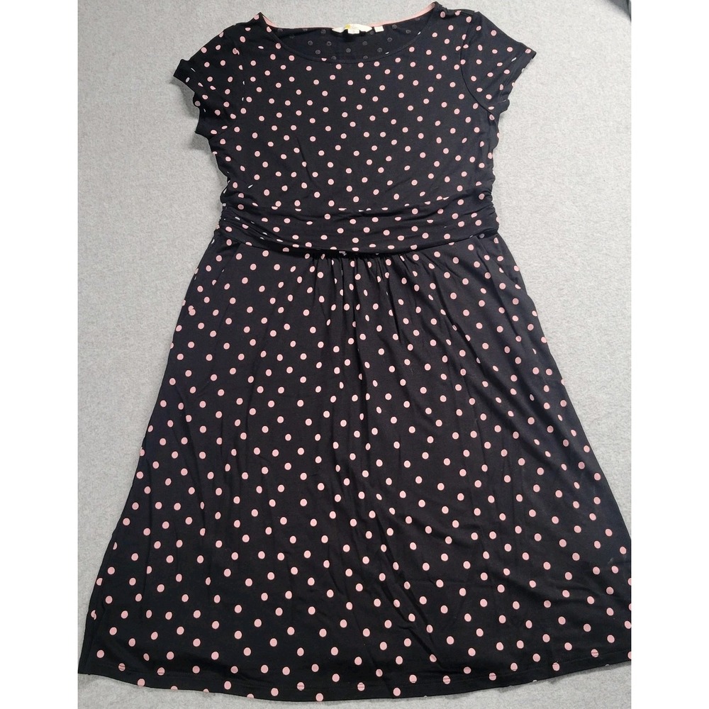 Boden Black Pink Polka Dot Ruched Waist Jersey Dress Pockets Petite 8P US 12P UK